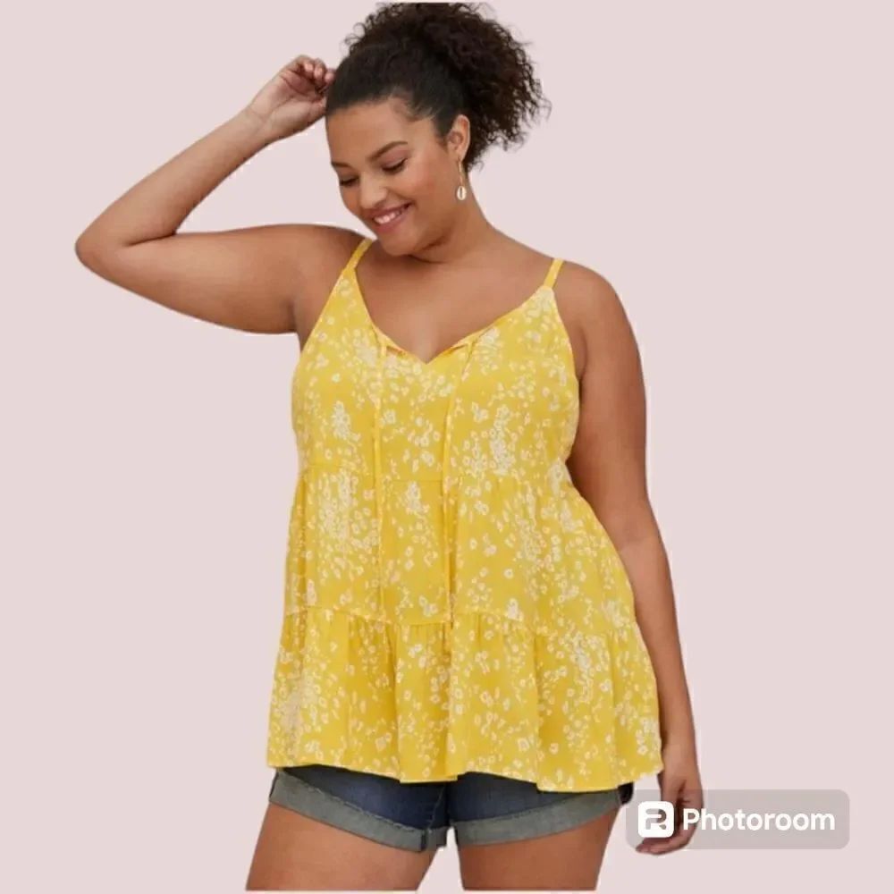 6X 30W Torrid Yellow Leopard Challis Tiered Tie Front Cami Tank Adjustable Strap